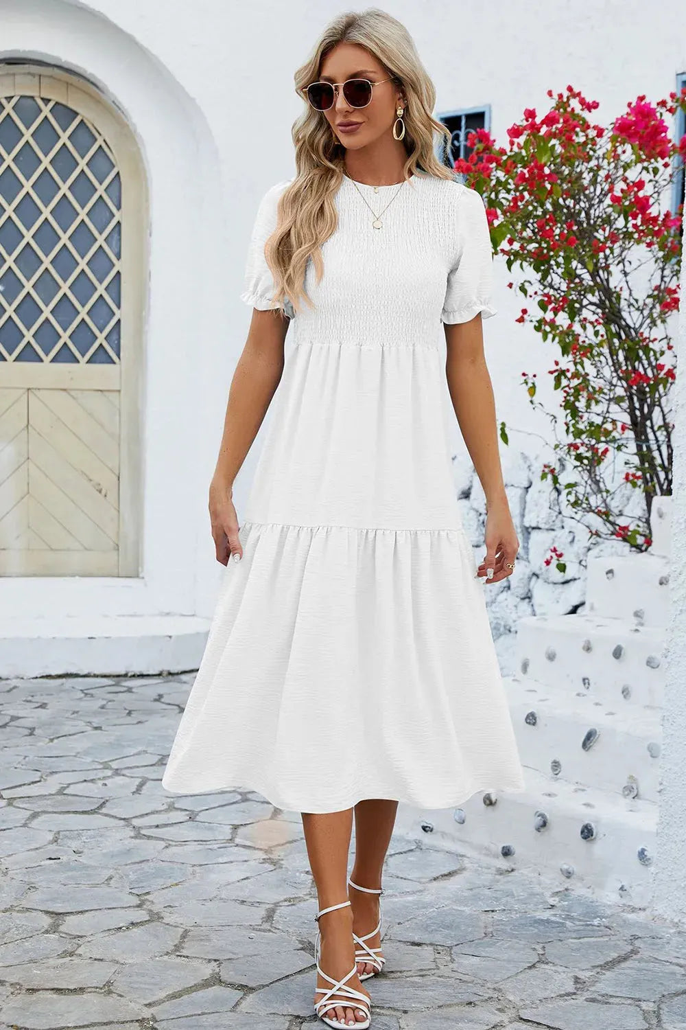 Smocked Round Neck Flounce Sleeve Midi Dress White Casual Dresses - Tophatter Daily Deals